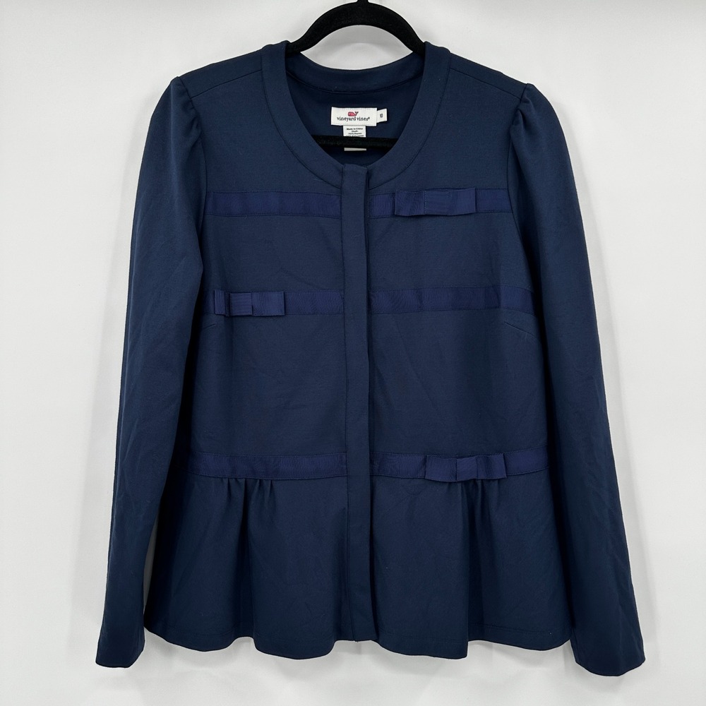 Vineyard Vines Navy Blue Snap Front Ribbon Bow Peplum Blazer Top Women's Size 10